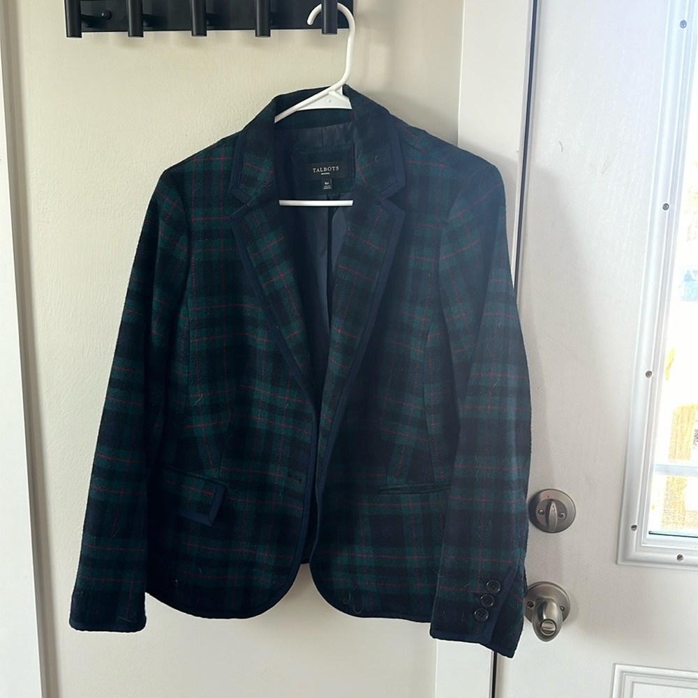 Talbotts wool blazer navy and green plaid 16P